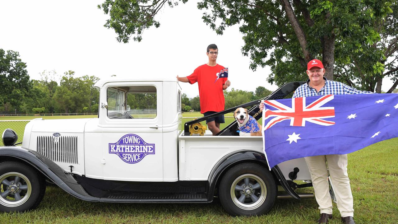 Classic 1934 Ford pick-up will be featured in the 2023 Darwin Ute Run which supports Aaron Norton, 17, to attend Freedom Camps run by Variety NT General Manger Michael Kerr, also featured Hank the dog. Picture: (A)manda Parkinson