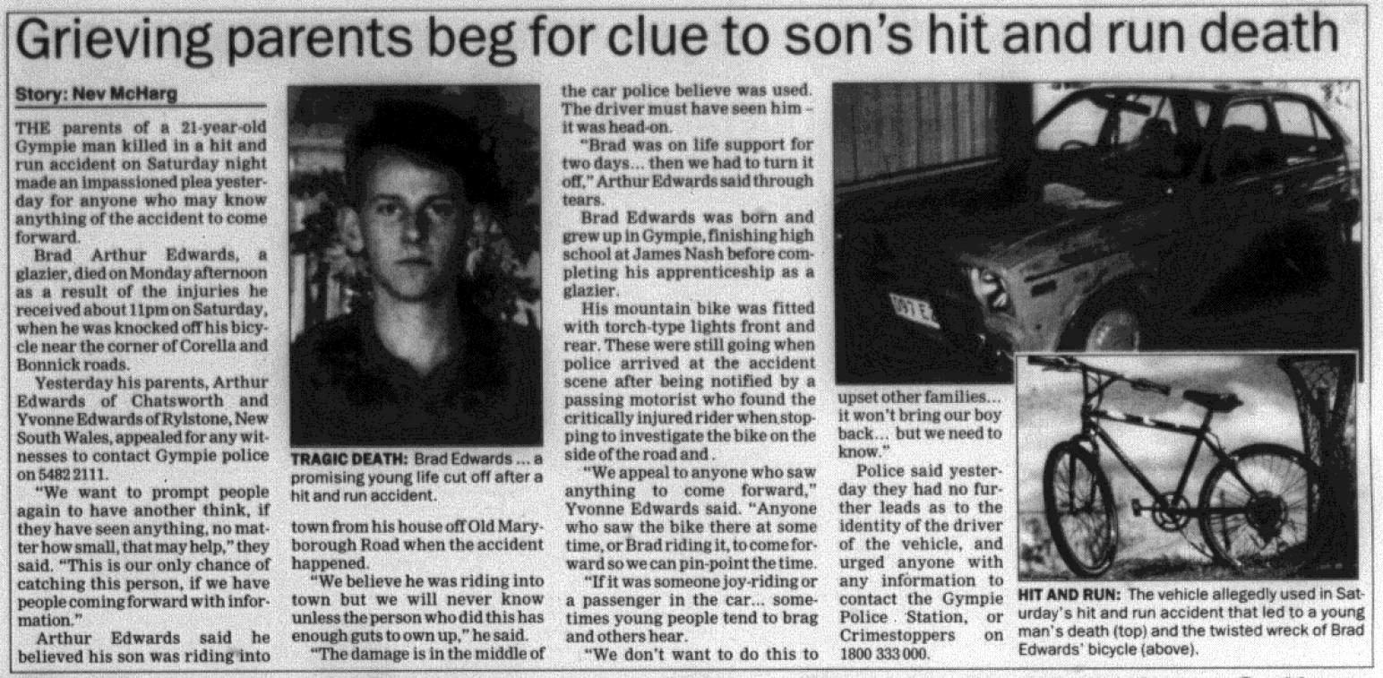 GYMPIE TIMES - November 10, 1999: 'Grieving parents beg for clue to son's hit and run death'