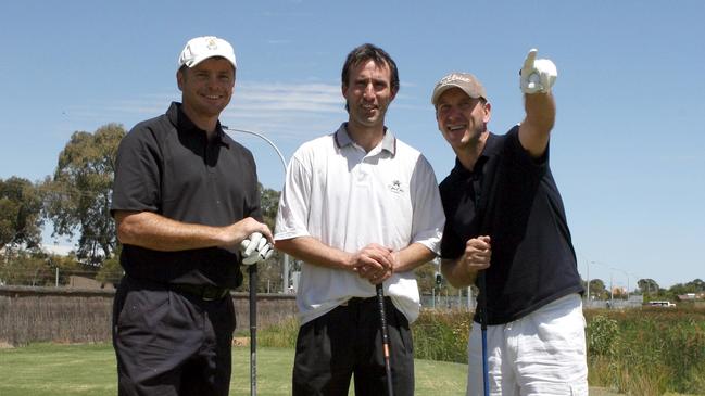 Carl Veart, Aurelio Vidmar and Phil Stubbins on Grange Golf Course in 2008. Picture: Ray Titus