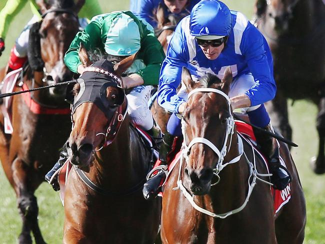 Winx (right) narrowly beats Humidor to win last year’s Cox Plate. Picture: Getty Images