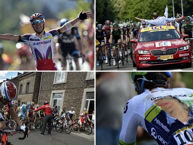 A combination of pictures (From top- L) shows Spain's Joaquim Rodriguez celebrating as he crosses the finish line; General director of the Tour de France, Christian Prudhomme, gesturing to announce that the race is neutralised after a big crash of cyclists at the head of the pack; riders waiting as the race is neutralised; and the back of Australia's Michael Matthews injured; as part of the 159.5km third stage of the 102nd edition of the Tour de France.