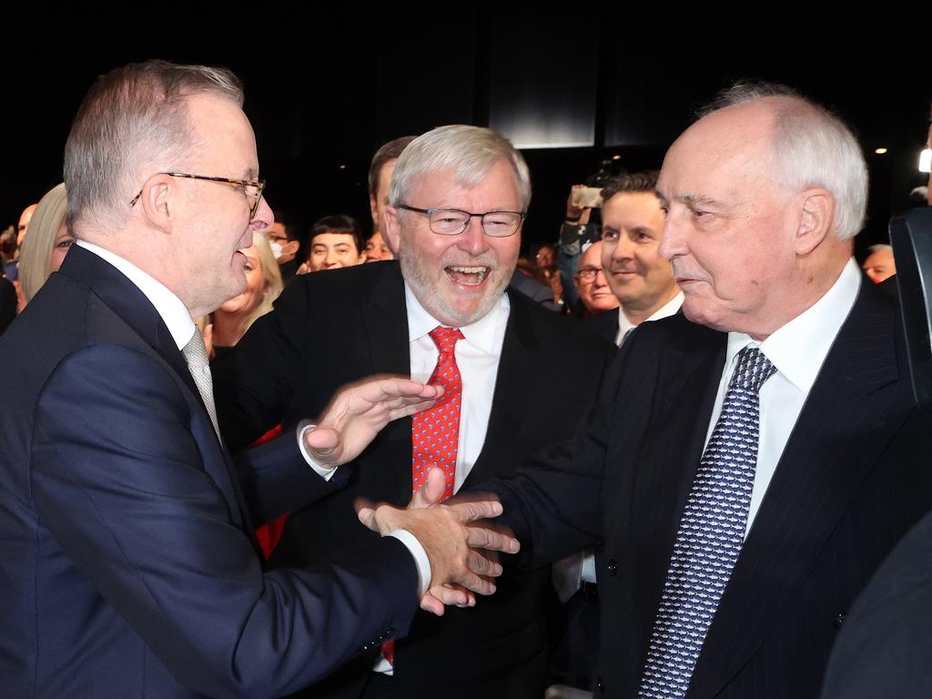 Labor leader Anthony Albanese was welcomed by ex-Prime Ministers Kevin Rudd and Paul Keating at the Labor Party launch in Perth on Sunday. Picture: Liam Kidston.