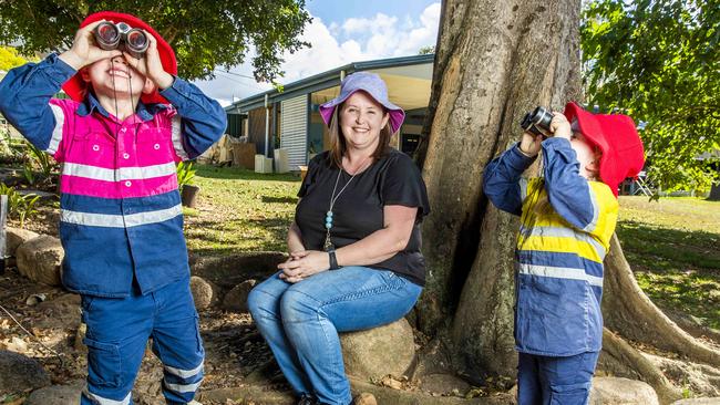 Bush Kindy Educator Rebecca Stephens from Strathpine Community Kindergarten with five-year-old Harriette Evans and four-year-old Giselle Woodbridge. Picture: Richard Walker