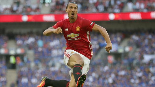 Zlatan Ibrahimovic celebrates after scoring.