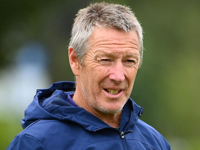 MELBOURNE, AUSTRALIA - MARCH 21: Craig Bellamy the coach of the Storm looks on during a Melbourne Storm NRL training session at Gosch's Paddock on March 21, 2023 in Melbourne, Australia. (Photo by Quinn Rooney/Getty Images)