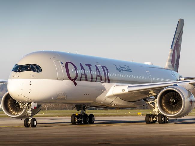 Zurich, Switzerland - April 07, 2018: Airbus A350 of Qatar Airways at Zurich Airport on a sunny day. Qatar Airways operates a hub-and-spoke network, linking over 100 international destinations from its base in Doha, using a fleet of over 200 aircraft.