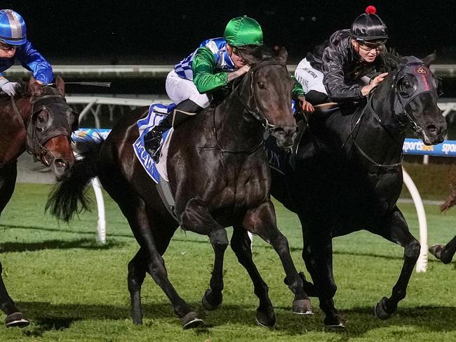 Grid Girl (NZ) ridden by Blaike McDougall wins the Joan Watson BM64 Handicap at Sportsbet Pakenham on April 04, 2024 in Pakenham, Australia. (Photo by George Sal/Racing Photos via Getty Images)