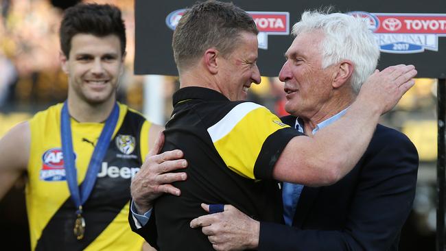 Damien Hardwick gets the Jock McHale medal from Mick Malthouse. Picture: Michael Klein