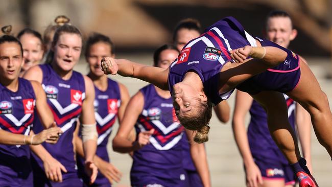 Emma O'Driscoll does a backflip to celebrate winning against Carlton in Perth. Picture: Getty Images