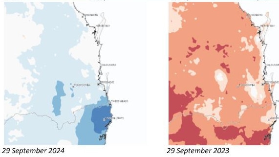 Maps showing soil moisture levels in and around Brisbane currently (left) and a year ago (right). Picture: Bureau of Meteorology.