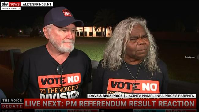 Jacinta Price’s parents speak as the results are counted for The Voice to parliament referendum. Picture: Sky News