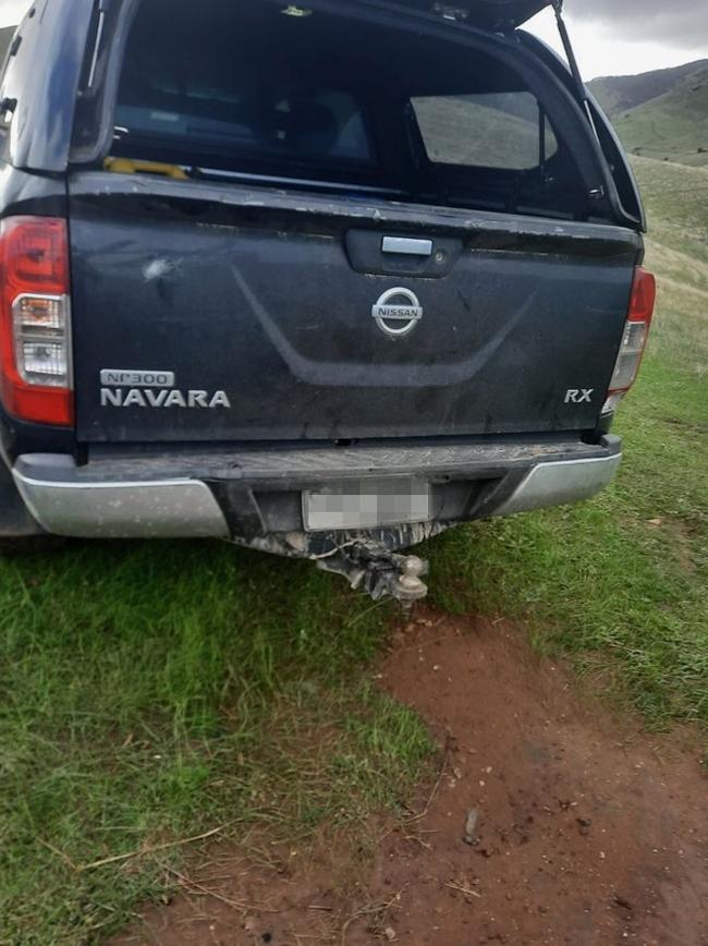 A Nissan Navara, alleged to belong to Mr Lavrentiadis, photographed at the coastal shack owned by Mr Robertson. Picture: Supplied.