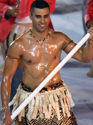 Tonga's flag-bearer Pita Taufatofua at Rio. Picture: AFP