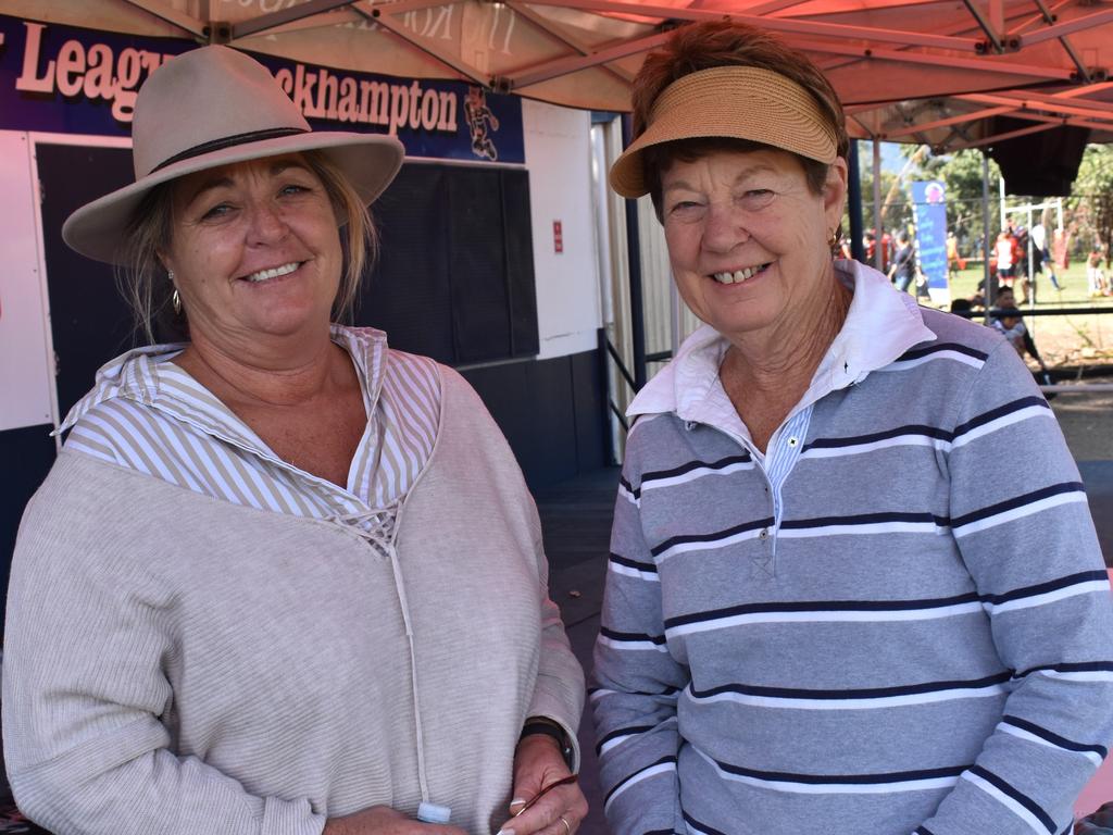 Jen Glassock from Noosa and Anne Farrell from New South Wales at the Queensland Country Rugby Union Championships in Rockhampton, July 1, 2023.