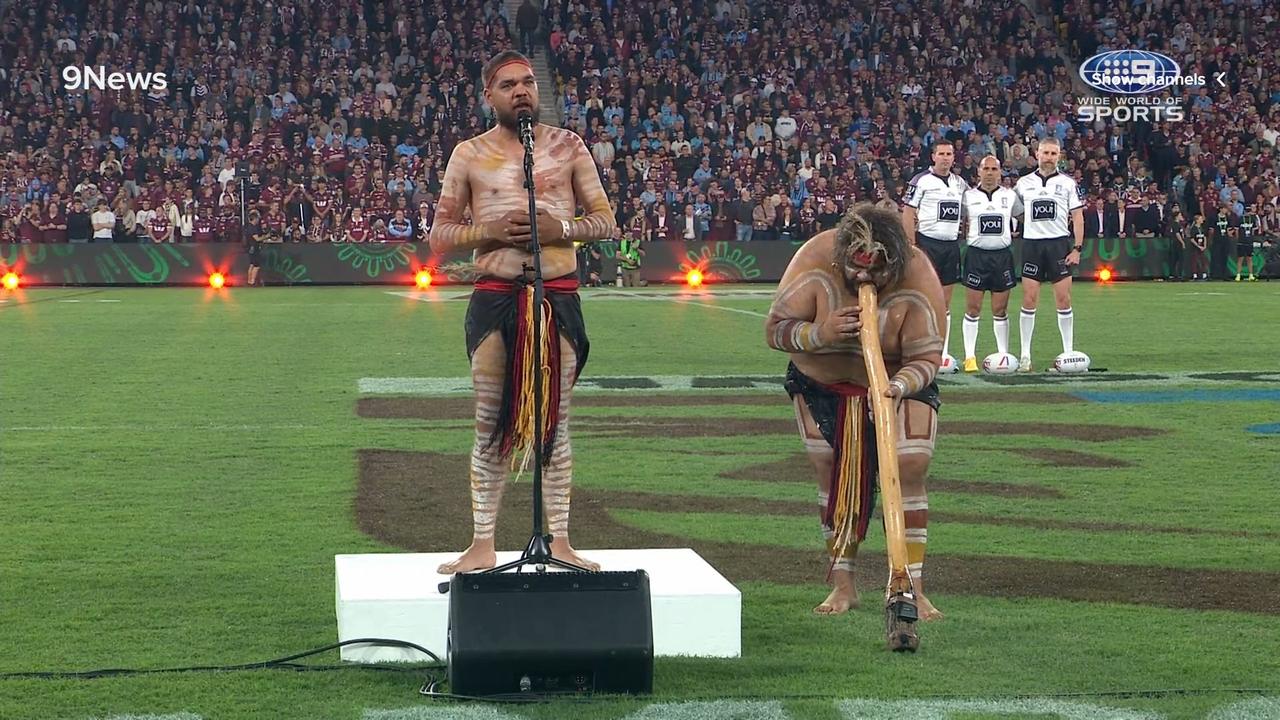 Ashley and Aaron Ruska perform the pre-match Welcome to Country. Photo: Channel 9