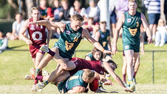 Tasmania captain Brad Cox-Goodyer attempts to gather possession during the Tasmania v Queensland 2024 representative clash at Bond University on June 22, 2024. Picture: Aaron Black.