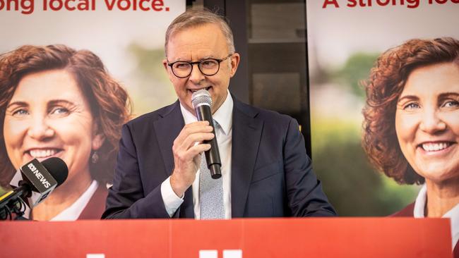 Anthony Albanese at Jodie Belyea's Dunkley by-election campaign launch. Picture: Jake Nowakowski