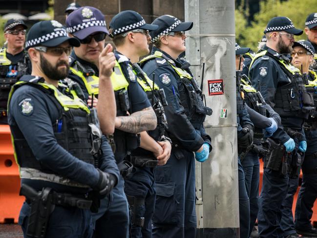 Victoria Police on duty during the Land Forces Expo protests in Melbourne in September 2024 Picture: Darrian Traynor/Getty Images