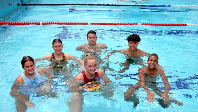 Australian Youth Water Polo Championship players Olivia Muir, Tilly Hughes, Ryan Medic, Taoso Taoso and Oliver Moncur with Olympian Abby Andrews. Picture David Clark