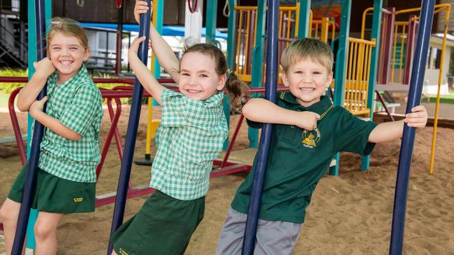 Prep students at St Francis De Sales School, Clifton (from left) Zarah Daley, Nell Skillington and Tommy Hughes, February 20, 2023. Picture: Bev Lacey