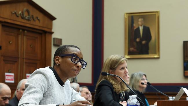 Claudine Gay, president of Harvard University, Liz Magill, president of University of Pennsylvania, Pamela Nadell, professor of history and Jewish studies at American University (obscured), and Sally Kornbluth, president of Massachusetts Institute of Technology, testify before the House education and workforce committee on December 5. Picture: Getty Images via AFP