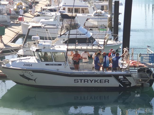 The Whitsunday fishing charter boat where a man was seriously injured after an explosion below deck on May 9, 2024 at Coral Sea Marina.