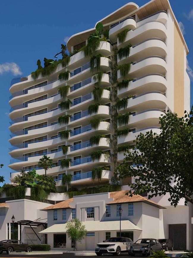 A rendered image of the Cairns Telegraph Station building. Consisting of 44 residences with the ground floor set aside for retail uses, the tower will rise up to 13 floors, the maximum allowable for this part of the city. Photo: Hunt Design.