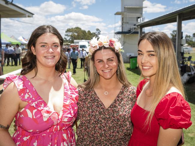 At the Clifton Races are (from left) Lauen Smith, Kiara Bressington and Jess Barnett hosted by Clifton Jockey Club, Saturday, October 28, 2023. Picture: Kevin Farmer