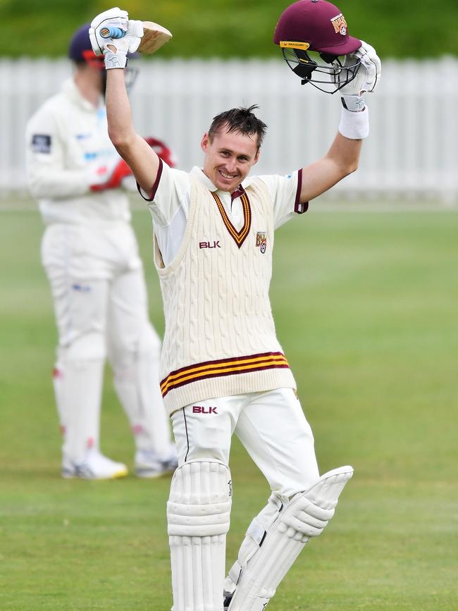 Marnus Labuschagne celebrates his second Sheffield Shield hundred of the season for Queensland on Friday in Adelaide