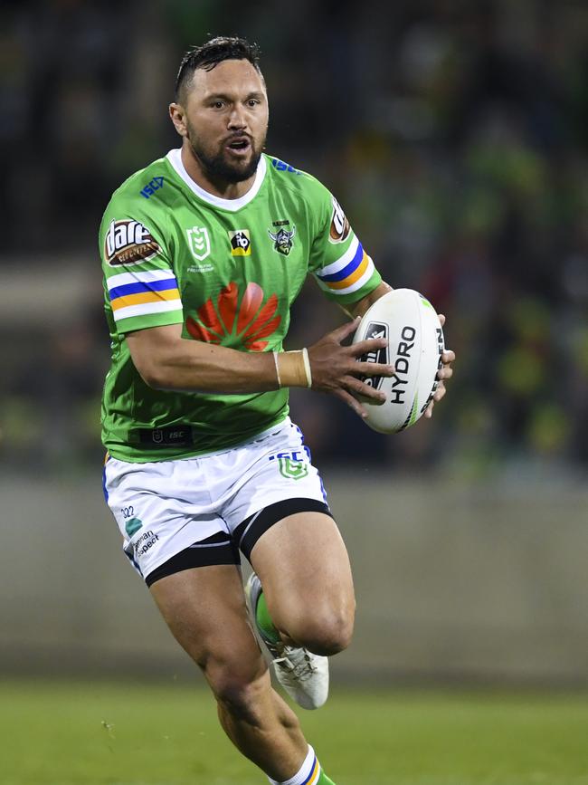 Jordan Rapana of the Raiders in action during the NRL Preliminary Final match between the Canberra Raiders and South Sydney Rabbitohs at GIO Stadium in Canberra, Friday, September 27, 2019. (AAP Image/Lukas Coch) NO ARCHIVING, EDITORIAL USE ONLY