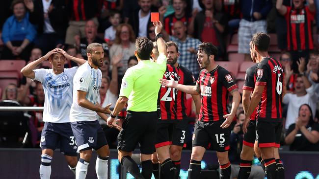 Richarlison of Everton is shown a red card by referee Lee Probert. Photo: Getty Images