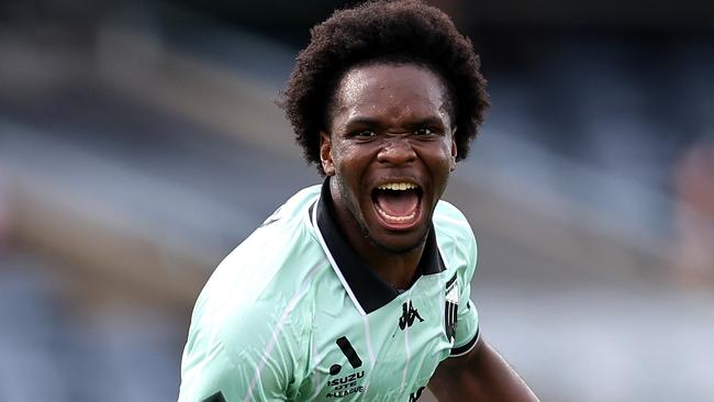 SYDNEY, AUSTRALIA - FEBRUARY 09: Abel Walatee of Western United celebrates scoring a goal during the round 18 A-League Men match between Macarthur FC and Western United at Campbelltown Stadium, on February 09, 2025, in Sydney, Australia. (Photo by Brendon Thorne/Getty Images)