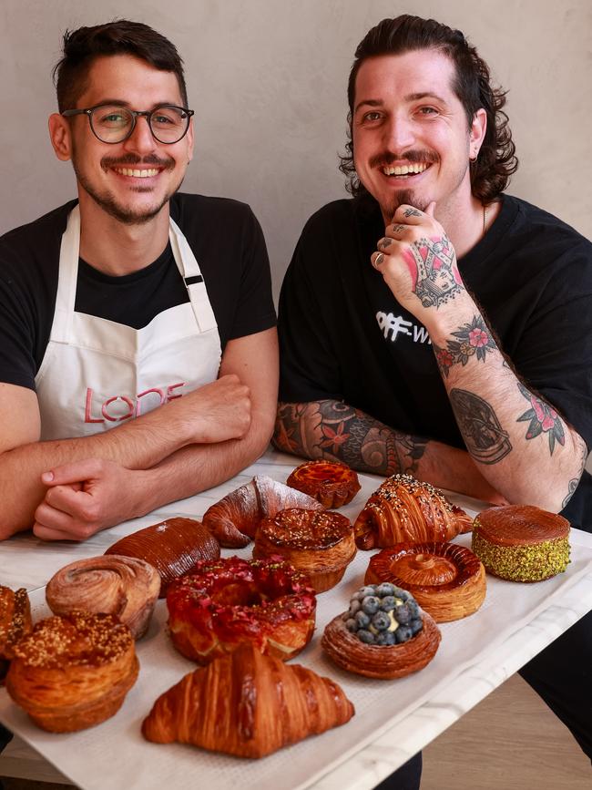 Chef Lorenzo librino and Benji Spencer, with the winning pastries at Lode Pies &amp; Pastries, Surry Hills, today. Picture: Justin Lloyd.