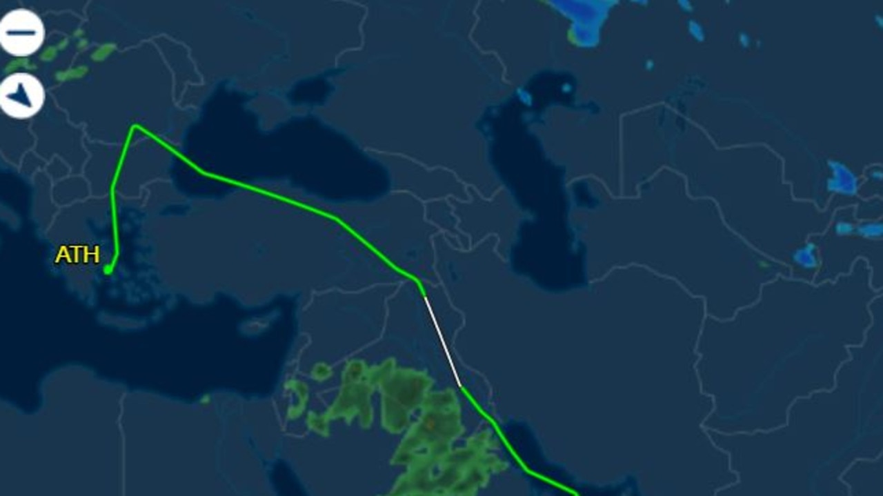 A Qantas flight from Singapore to London was forced to make a U-turn and land in Athens after a patient became “critically unwell” on Monday. Picture: Flight Aware