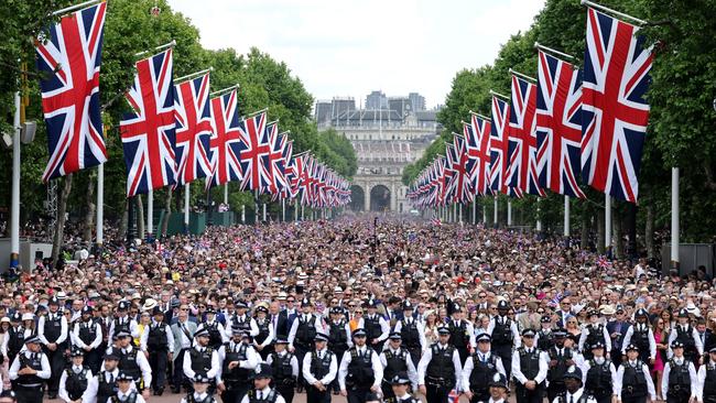 Members of the public process down the Mall during Trooping The Colour. Picture: Chris Jackson/Getty Images