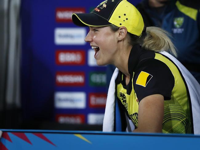 CANBERRA, AUSTRALIA - FEBRUARY 27: Ellyse Perry of Australia reacts during the ICC Women's T20 Cricket World Cup match between Australia and Bangaldesh at Manuka Oval on February 27, 2020 in Canberra, Australia. (Photo by Ryan Pierse/Getty Images)