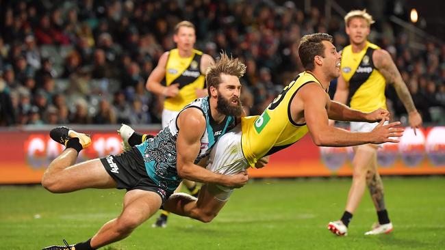 Power’s Justin Westhoff tackles Richmond’s Alex Rance during the round 12 clash  at Adelaide Oval. Picture: Daniel Kalisz/Getty