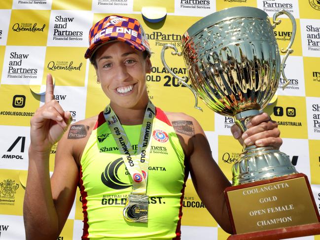 Coolangatta Gold 2023 winner Lana Rogers holds the trophy to claim her second title. Picture: Supplied