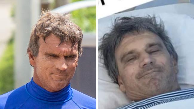 Mark Richardson in healthier times left and in a Bali hospital right.