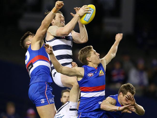 Patrick Dangerfield drops what would have been a huge mark. Picture: Michael Klein