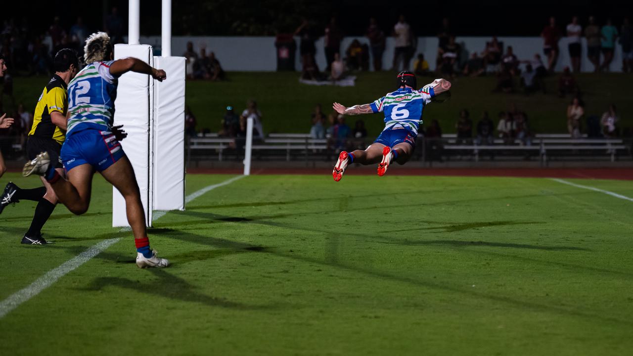 Innisfail Leprechauns' Aaron Jolley takes flight with the first try of the 2021 Cairns District Rugby League Premiership. Picture: Emily Barker