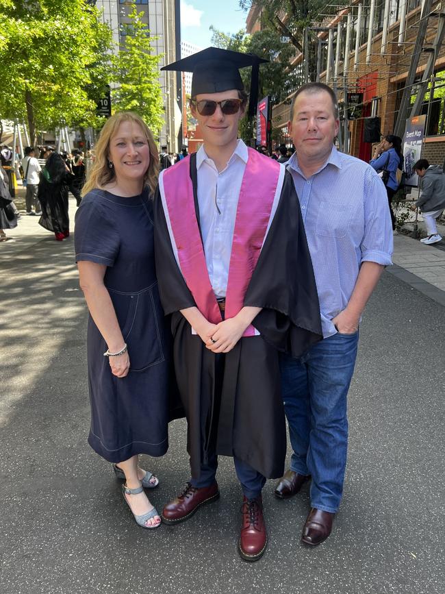 Karen, Ryan (Diploma of Live Production &amp; Technical Services) and Simon at the RMIT University graduation day on Wednesday, December 18, 2024. Picture: Jack Colantuono