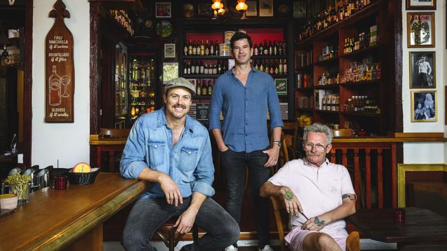 Clockwise from left: David Spanton, left, hospitality veteran Michael Drescher and architect Michael Delany in the former Cafe Hernandez, now Spanish-Polish-themed Vermuteria. Picture: Chris Pearce