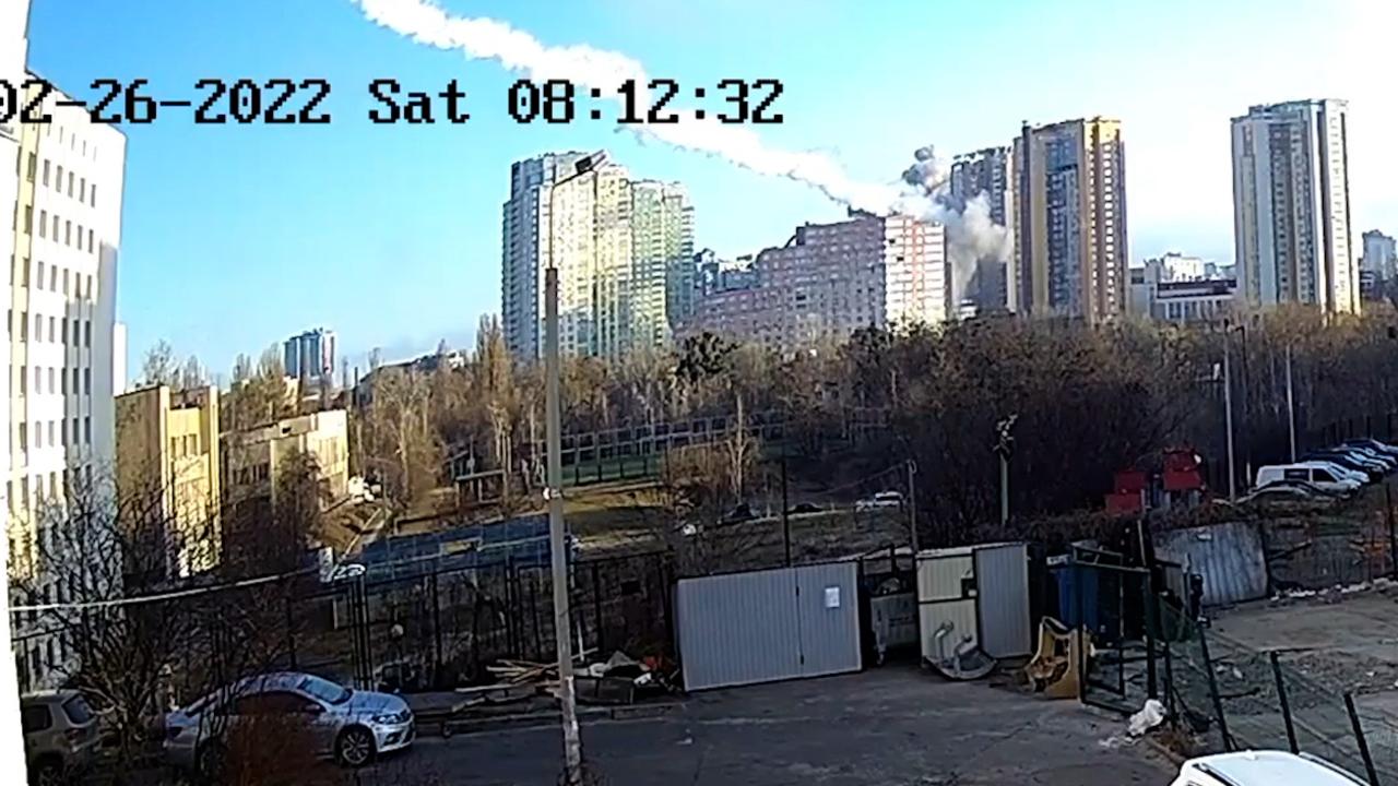 The terrifying moment a Russian missile hits civilian building in Kyiv, Ukraine.