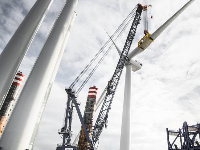 A blade for an 8 megawatt wind turbine designed by MHI Vestas is installed at the Burbo Bank Extension wind farm in Liverpool Bay, U.K. MHI VESTAS OFFSHORE WIND