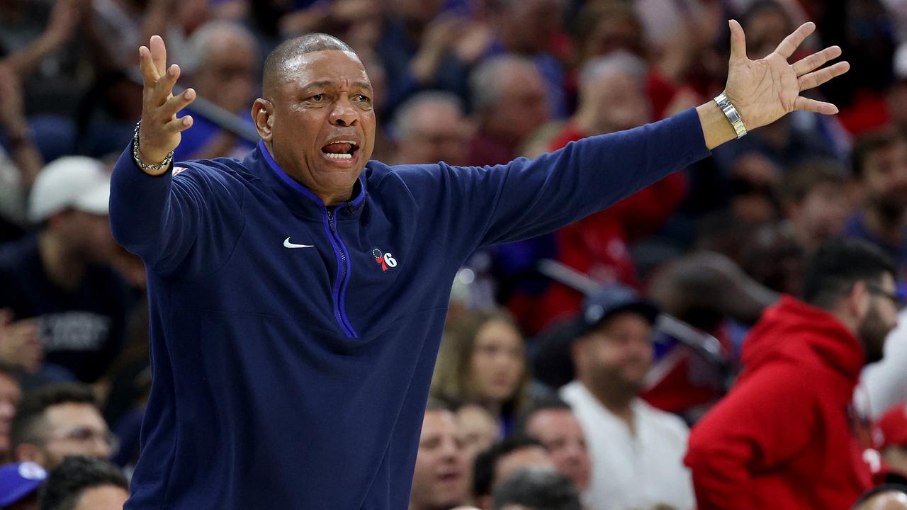 (FILES) Head Coach Doc Rivers, of the Philadelphia 76ers, reacts against the Boston Celtics during the first quarter in game six of the Eastern Conference Semifinals in the 2023 NBA Playoffs at Wells Fargo Center in Philadelphia, Pennsylvania, on May 11, 2023. The Philadelphia 76ers have fired head coach Doc Rivers after their exit from the NBA playoffs at the hands of the Boston Celtics. The decision comes after the 112-88 loss to the Celtics in game seven of the Eastern Conference semi-finals on May 14, 2023. (Photo by Tim Nwachukwu / GETTY IMAGES NORTH AMERICA / AFP)