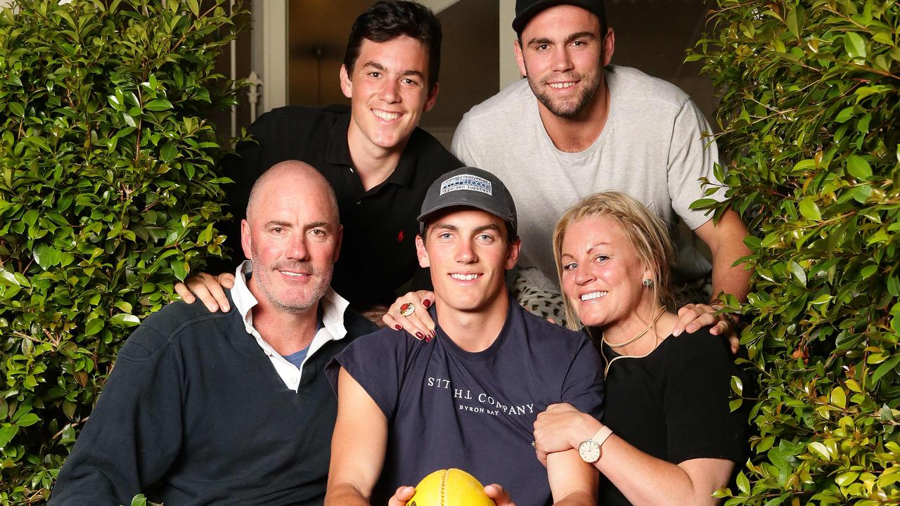 Tom McCartin (front, middle) with parents Matt and Jo and brothers Charlie and Paddy in 2017, when the Swans drafted Tom. Picture: Peter Ristevski