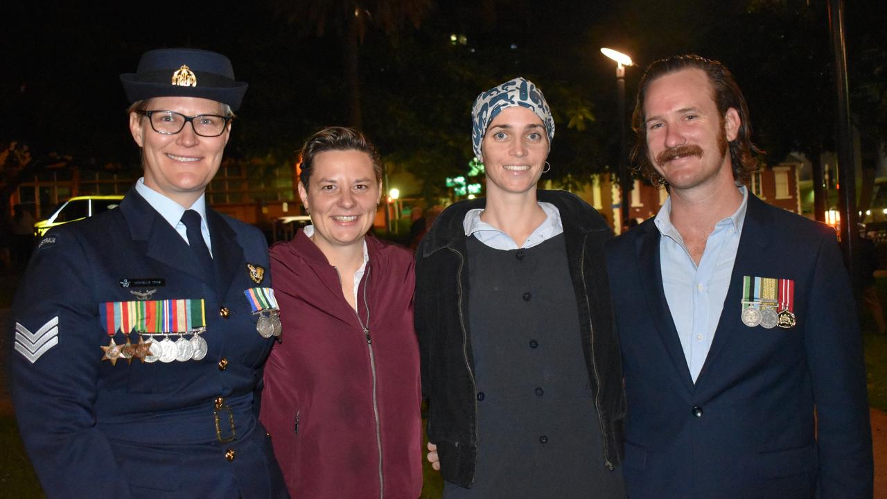 Sergeant Michelle Toms, Alex Pedersen, Alice Manchon, and Josh Cowell at the 2022 Ipswich Anzac Day Dawn Service. Picture: Jessica Baker