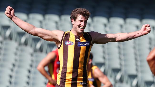 Defender Ben Stratton celebrates kicking a rare goal in his final game for Hawthorn. Picture: Sarah Reed