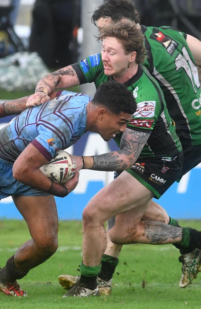 Townsville Blackhawks against Central Coast Capras at Jack Manski Oval. Capras Tevita Naufahu and Blackhawks Thomas Nisbet. Picture: Evan Morgan